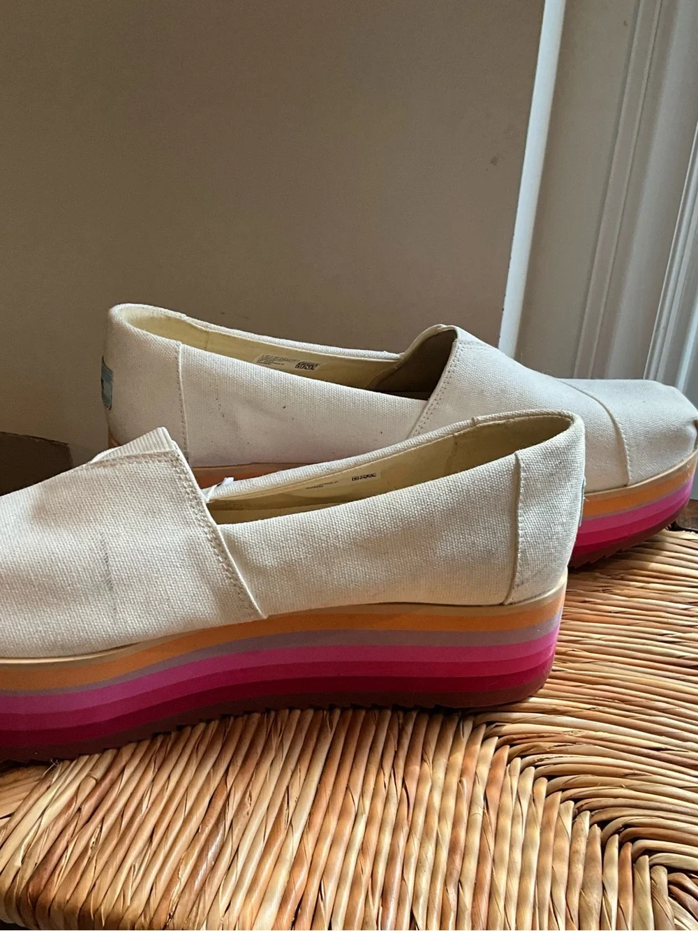 Women’s Toms Ivory Canvas Platform Slip-Ons with Rainbow Layered Sole size 12